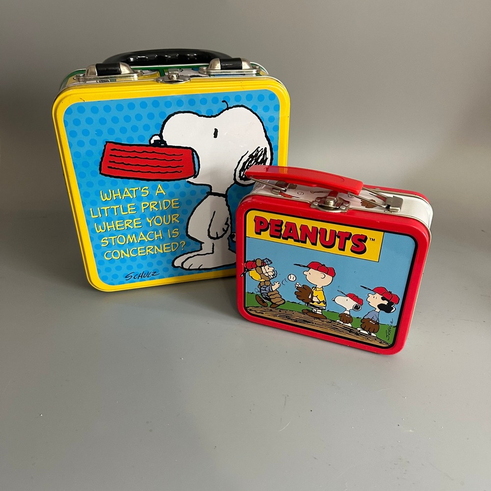 Peanuts Snoopy Charlie Brown Tin Lunch Box Set Yellow Red Comic Strip Schulz